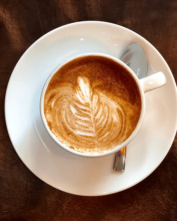 A latte with leaf art in a white cup, seen from above